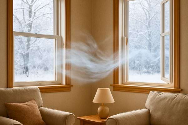 Air froid visible circulant entre deux fenetres ouvertes dans un salon en hiver montrant une perte de chaleur.