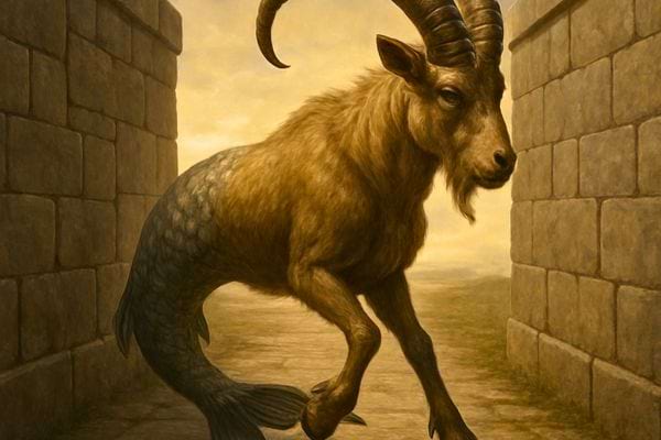 Une creature mythique mi chevre mi poisson avance entre deux murs. Elle symbolise le capricorne et l epreuve.