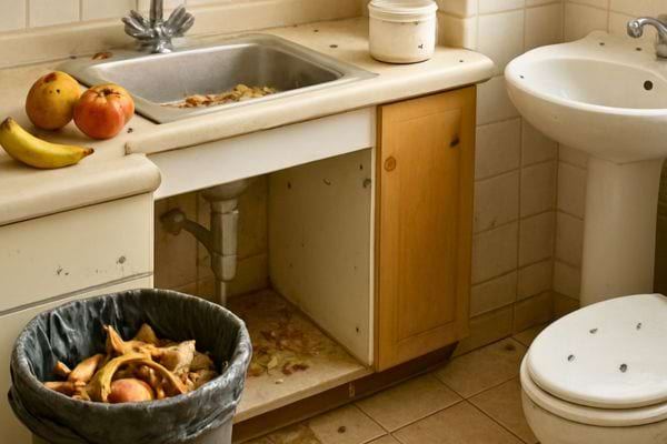 cuisine en desordre avec evier sale poubelle remplie de pelures de fruits et meubles abimes