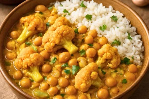 Un bol de curry au chou fleur et pois chiches accompagne du riz. La sauce est onctueuse et parfumee.
