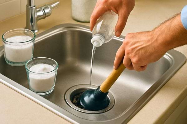 Une personne utilise une ventouse et verse un liquide dans un evier. Des verres de poudre sont poses a cote.