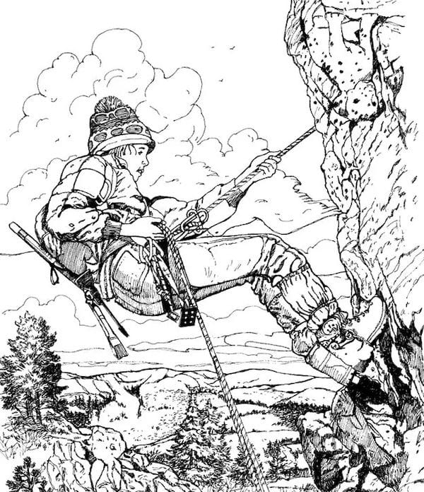 Sc&egrave;ne de montagne en noir et blanc avec 3 animaux cach&eacute;s &agrave; trouver : oie, li&egrave;vre, chien