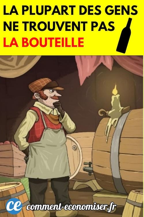 un dessin sur lequel on voit un homme dans une cave à vin avec des tonneaux et une bouteille cachée