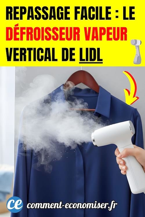 une personne d&eacute;froisse une chemise bleue avec un d&eacute;froisseur vapeur vertical &agrave; main