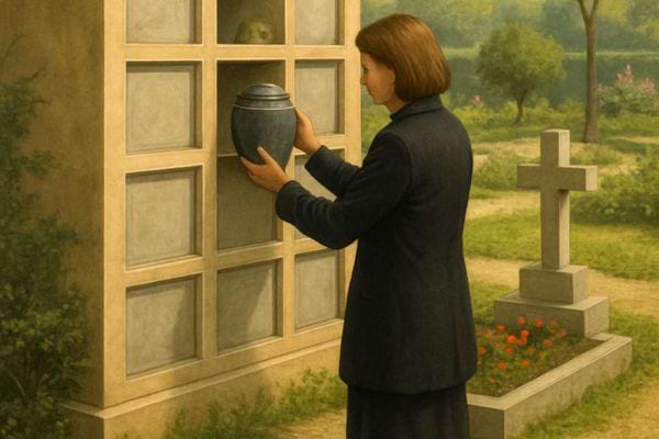 Une femme depose une urne dans un columbarium en exterieur pres d une croix funeraire.
