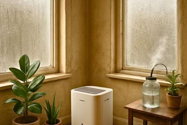 Un deshumidificateur est place pres de plantes et d une fenetre humide. La scene evoque la regulation de l humidite.
