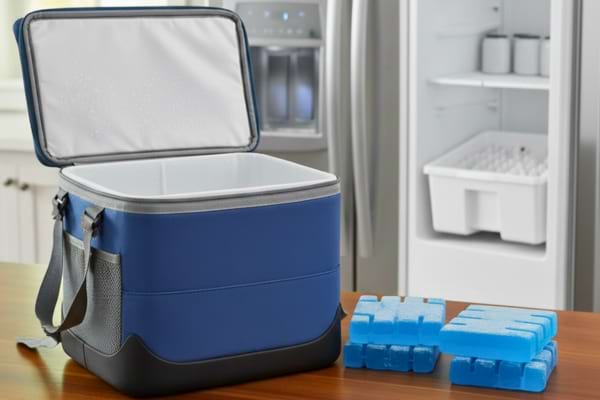 glaci&egrave;re ouverte et pains de glace, sacs de surgel&eacute;s &eacute;tiquet&eacute;s, cong&eacute;lateur en arri&egrave;re-plan