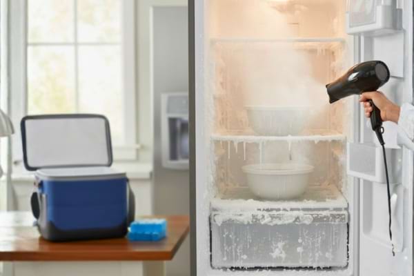 2 bols d'eau chaude dans un cong&eacute;lateur avec une personne qui passe le s&egrave;che cheveux