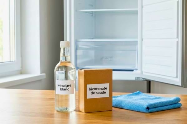 flacon de vinaigre blanc et bo&icirc;te de bicarbonate sur un plan de travail