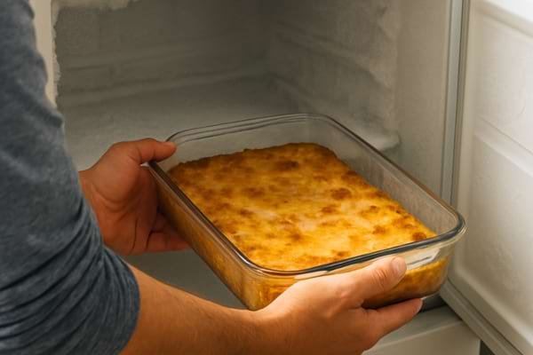 personne pla&ccedil;ant un plat encore ti&egrave;de non couvert dans un cong&eacute;lateur,