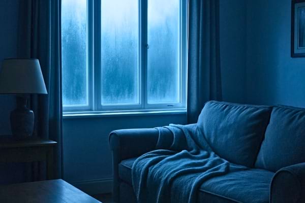 un salon au petit matin avec une fen&ecirc;tre montrant un peu de condensation, ambiance froide