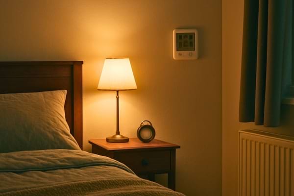 une chambre la nuit, ambiance calme, radiateur discret