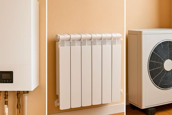 une chaudi&egrave;re murale, un radiateur &eacute;lectrique, et une unit&eacute; int&eacute;rieure de pompe &agrave; chaleur,