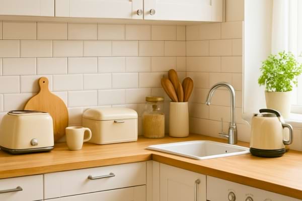 Cuisine lumineuse 2026, style moderne avec touches vintage, plan de travail en bois clair