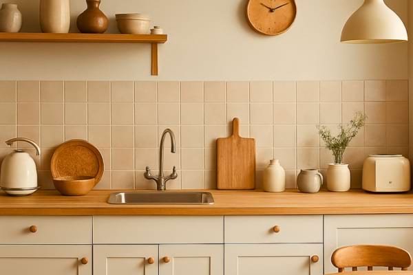 Cuisine ouverte organis&eacute;e, ambiance minimaliste chaleureuse, accessoires vintage modernes,