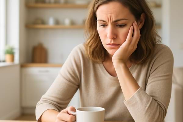 femme de 30-35 ans assise à une table de cuisine avec une tasse de café, regard pensif et inquiet,