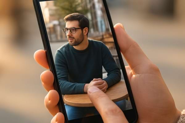 mains féminines tenant un smartphone, on voit sur l’écran une photo d’un homme assis en terrasse de café