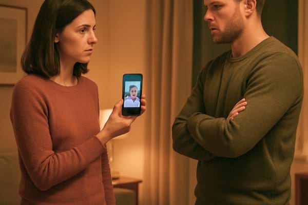 femme tenant un smartphone à hauteur de poitrine comme si elle montre une photo, homme face à elle avec posture fermée,