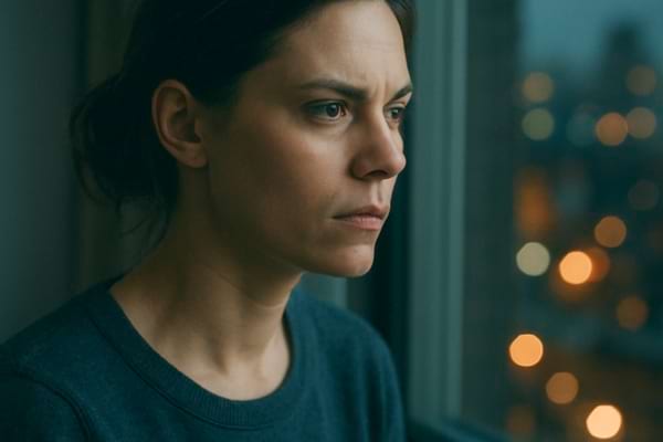 femme seule près d’une fenêtre la nuit, visage sérieux et déterminé, émotion contenue,