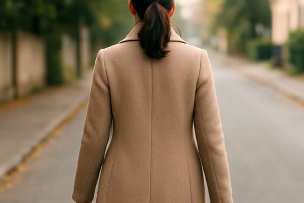 femme marchant dehors en journée dans une rue calme, vue de dos