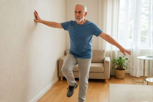 personne de 60-75 ans faisant un exercice d&rsquo;&eacute;quilibre pr&egrave;s d&rsquo;un mur &agrave; la maison