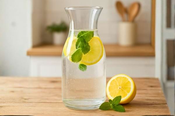carafe d&rsquo;eau p&eacute;tillante avec tranches de citron et menthe sur une table