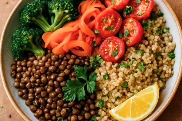 assiette color&eacute;e riche en fibres (l&eacute;gumes, lentilles, c&eacute;r&eacute;ales),