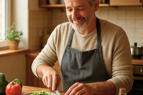 personne mature pr&eacute;parant un repas simple et &eacute;quilibr&eacute; en cuisine,