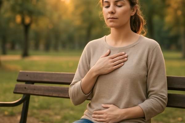 personne assise sur un banc, respiration consciente, parc calme, fin de journ&eacute;e