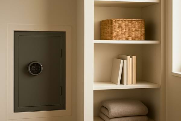 &eacute;tag&egrave;re ouverte avec objets du quotidien et coffre fort &agrave; c&ocirc;t&eacute;