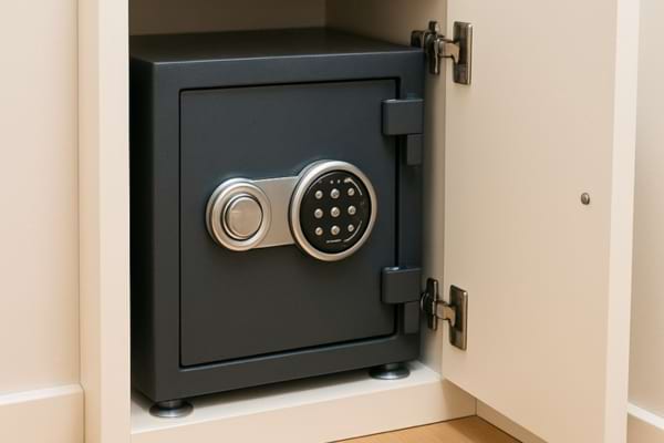 coffre-fort fix&eacute; au sol dans un placard discret