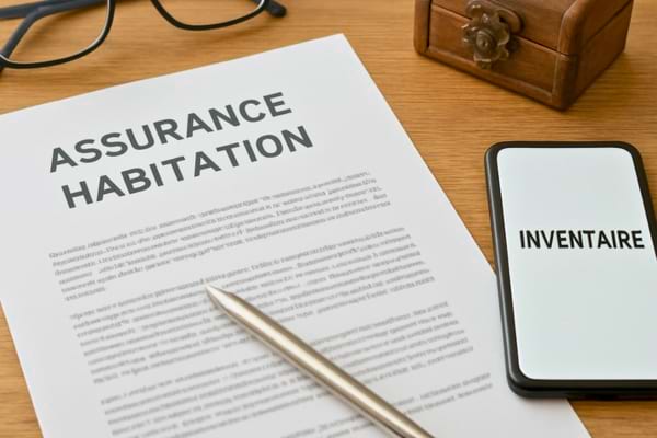 Contrat d&rsquo;assurance habitation, lunettes, stylo, smartphone affichant une note &ldquo;inventaire&rdquo;