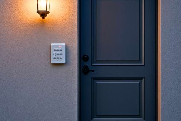 entr&eacute;e d&rsquo;une maison au cr&eacute;puscule avec lumi&egrave;re ext&eacute;rieure allum&eacute;e, alarme discr&egrave;te sur le mur,