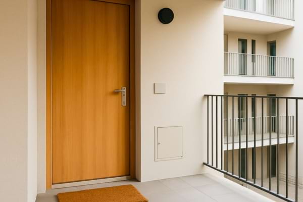 un palier d&rsquo;immeuble moderne, porte d&rsquo;entr&eacute;e en bois clair, paillasson,