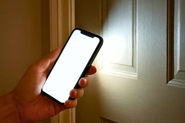 Main tenant un smartphone allum&eacute; en mode lampe torche, &eacute;clairant le bord d&rsquo;une porte d&rsquo;entr&eacute;e 