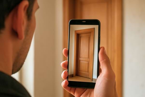 Personne prenant en photo le montant d&rsquo;une porte avec son t&eacute;l&eacute;phone,