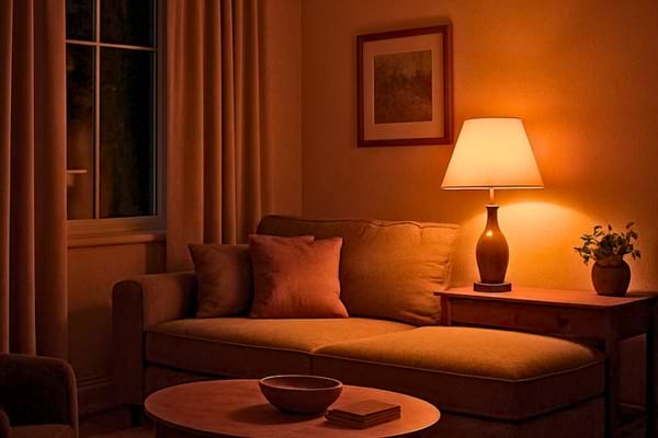 Salon en soir&eacute;e avec une lampe allum&eacute;e sur minuterie,