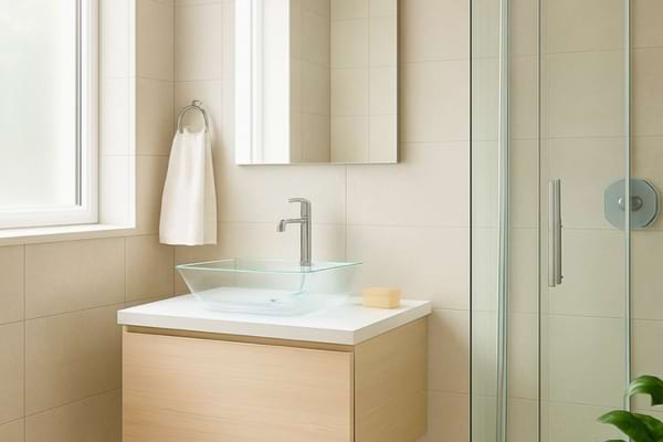 alle de bain moderne, lavabo d&eacute;gag&eacute; avec savon, petit spray de nettoyage 