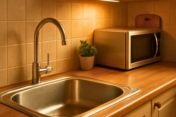 cuisine chaleureuse, &eacute;vier vide et brillant, plan de travail essuy&eacute;,