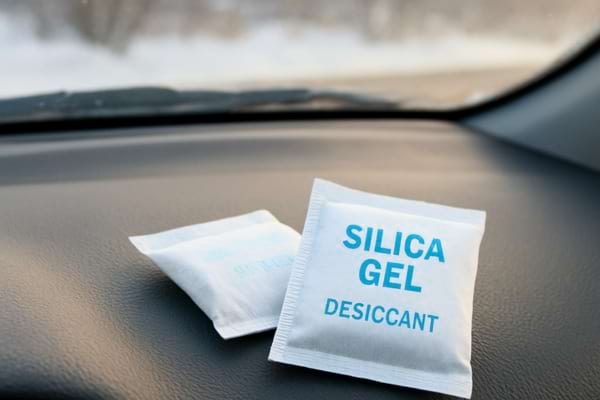 sachets de gel de silice pos&eacute;s sur un tableau de bord pr&egrave;s du pare-brise