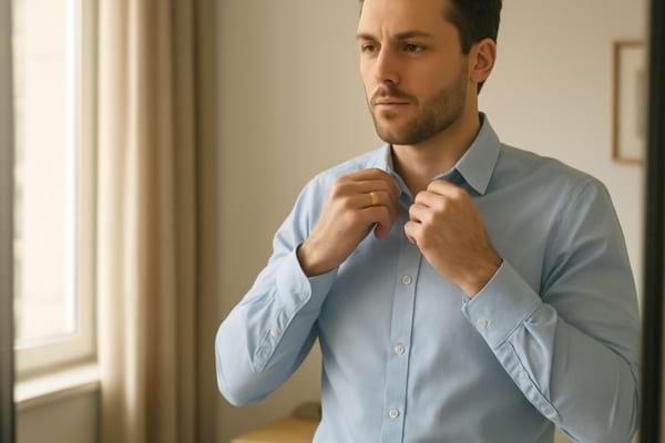 homme la trentaine, style bureau, ajustant sa chemise devant un miroir