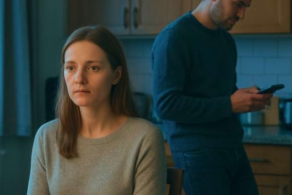 ouple mari&eacute; dans une cuisine, femme assise regardant devant elle, homme debout l&eacute;g&egrave;rement de dos
