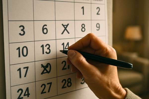 calendrier mural avec rendez-vous barr&eacute;s, main tenant un stylo