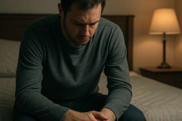 homme assis au bord d&rsquo;un lit, t&ecirc;te baiss&eacute;e,