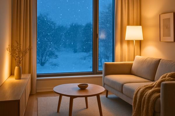 Int&eacute;rieur d&rsquo;un appartement finlandais moderne, grande fen&ecirc;tre avec nuit d&rsquo;hiver bleut&eacute;e