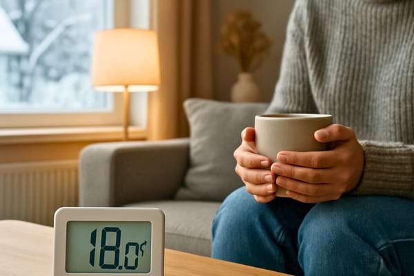 alon scandinave, thermom&egrave;tre digital indiquant 18&deg;C sur une table, personne assise avec tasse chaude