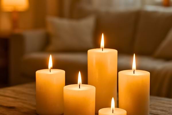 une table en bois avec plusieurs bougies allum&eacute;es