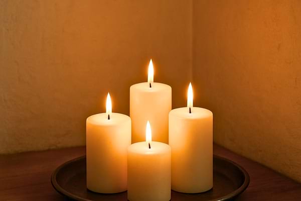 petite pi&egrave;ce bien isol&eacute;e, 5-6 bougies regroup&eacute;es sur un plateau