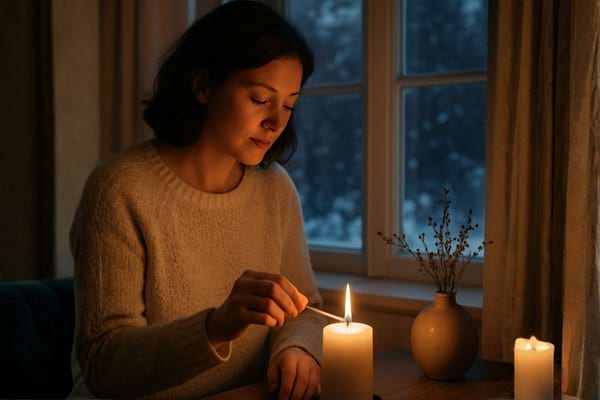 personne en pull qui allume une bougie en fin de journ&eacute;e, fen&ecirc;tre avec nuit d&rsquo;hiver