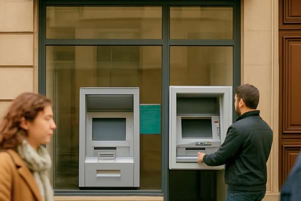 fa&ccedil;ade d&rsquo;agence bancaire, DAB en fa&ccedil;ade sans logo, ambiance urbaine